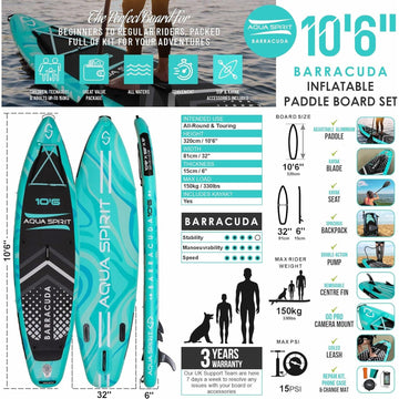 Aqua Spirit Barracuda SUP Inflatable Stand Up Paddle Board 2024, 10'6x32”x6”, Complete Kayak Conversion Kit with Paddle, Backpack, Pump and more accessories, Adult Beginner/Expert, 3 Year Warranty - Aqua Spirit iSUPs UK
